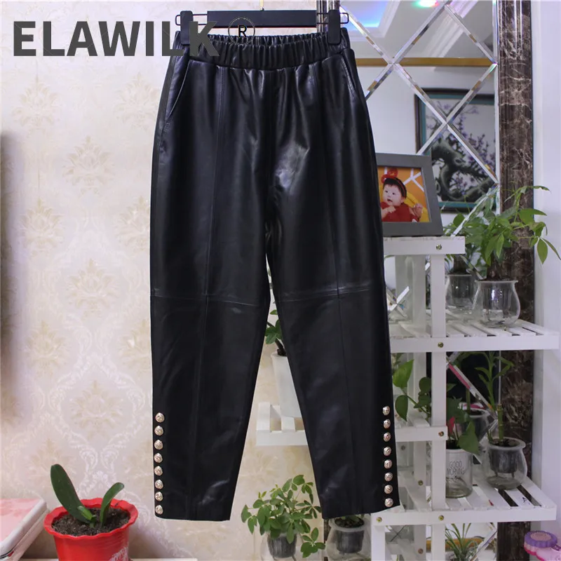 

2021 Spring Autumn Chic women's fashion genuine leather ninth pants Elastic waist leather pencil pants B420
