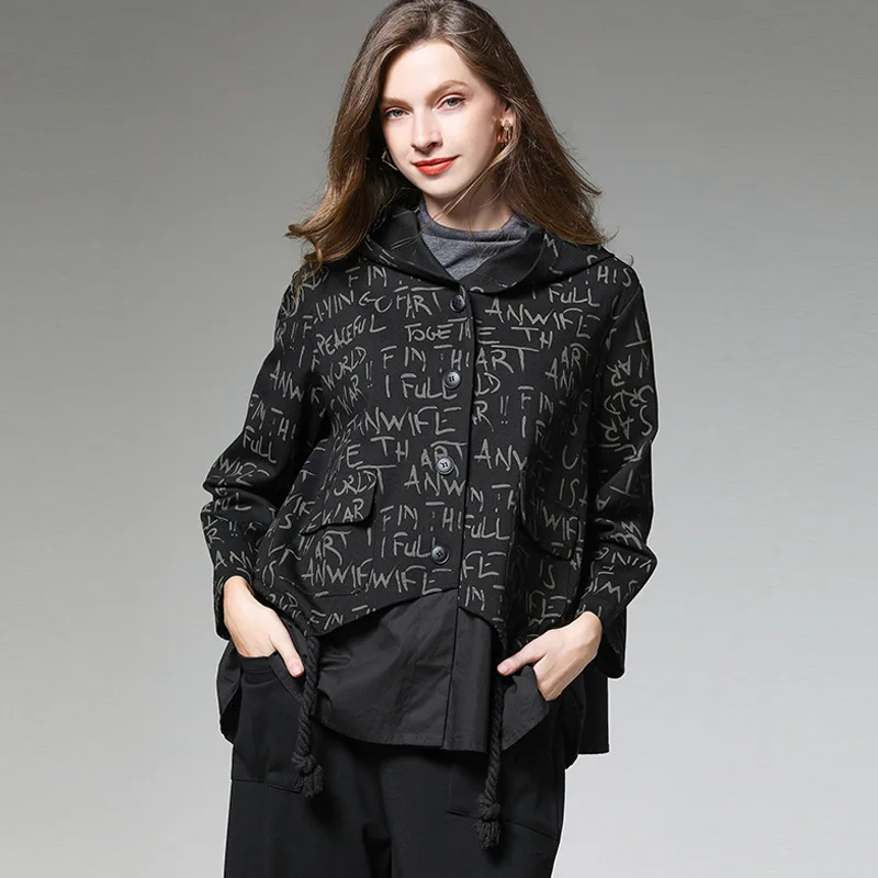 

Fat Mm Loose Slim Single Breasted Hat Coat Large Size Letter Printing Casual Spliced Polyester Womens Jackets and Coats Sherpa