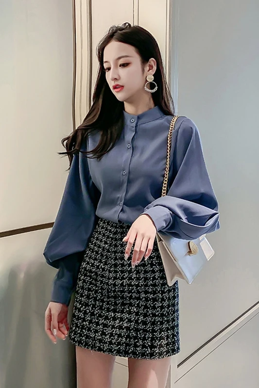 

COIGARSAM Vintage Shirt Womens tops New Spring Women shirts Blue 3571