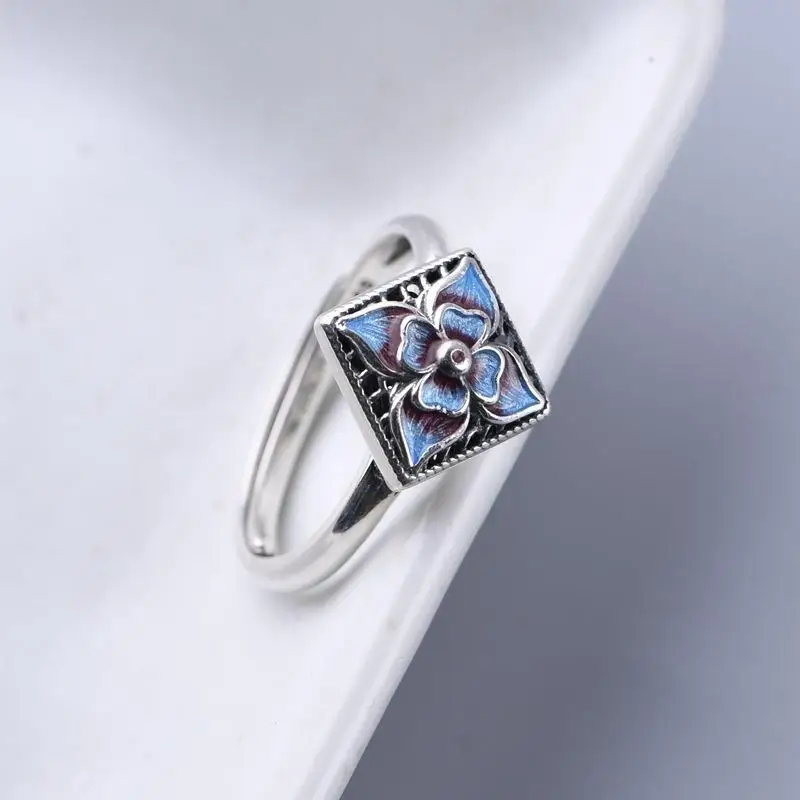

New Cloisonne Ring Female Retro Style Hollow Flower Rich Thai Silver Burnt Blue Fashion Open Ring Trend