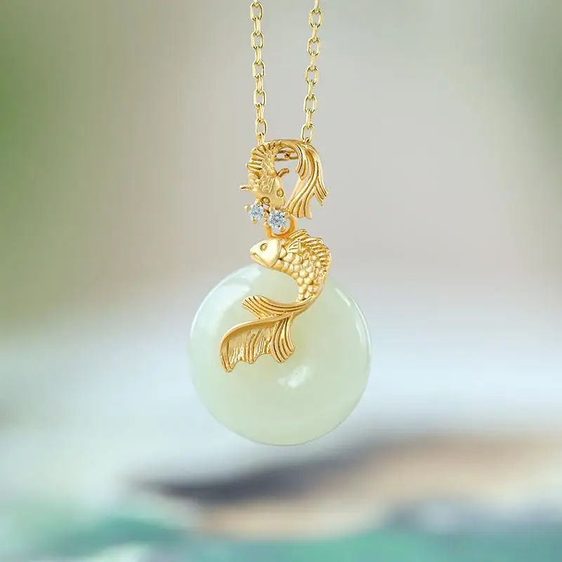 

Designer original new natural Hetian jade koi necklace pendant retro light luxury ladies silver jewelry