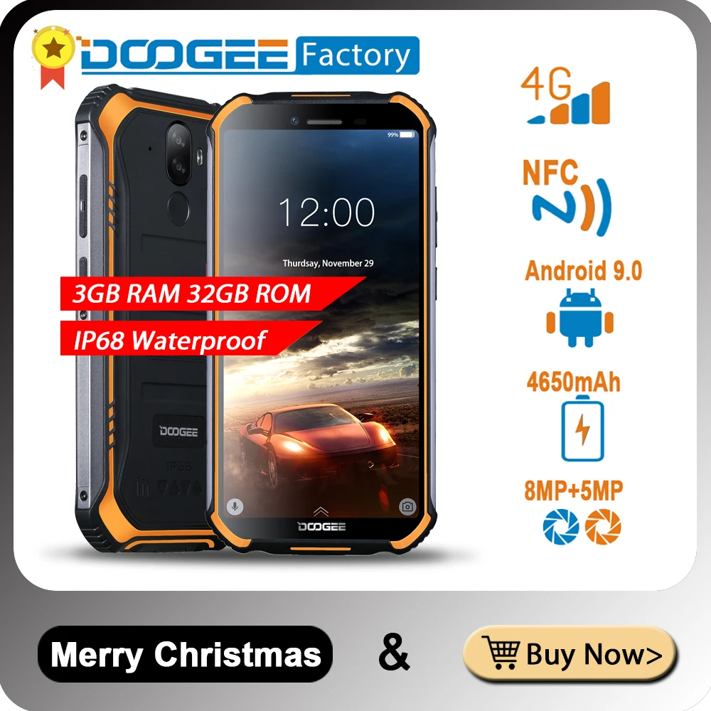 DOOGEE S40 Прочный Android 9,0 Мобильный телефон 5,5 дюймов дисплей 4650 мАч MT6739 четырехъядерный 3 ГБ ОЗУ 32 Гб ПЗУ 8,0 МП IP68/IP69K 4G