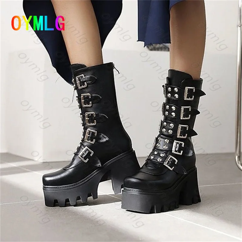 

New Belt Buckle Rivet Boots Retro Medium Tube Thick High Heel Martin Boots Amazon 35-43 Large Size Boots Boots For Women