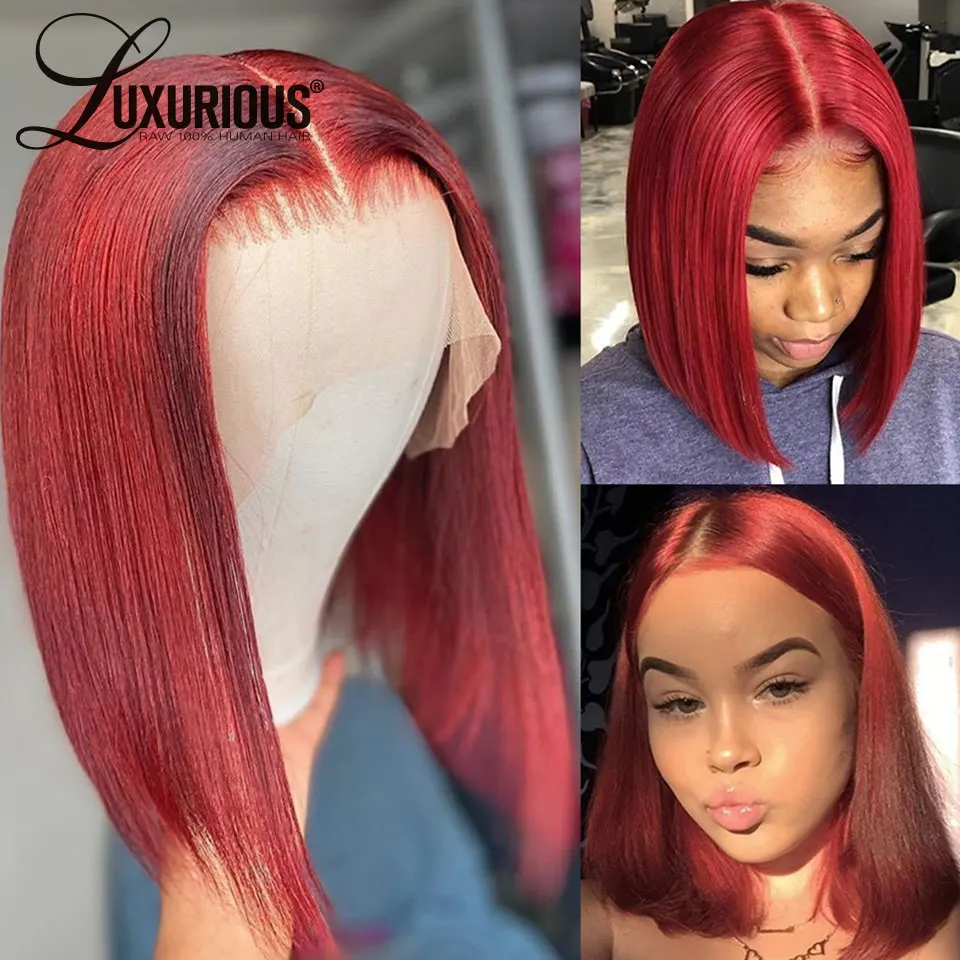 

Red / Green Colored Human Hair Wig Short BOB Lace Front Human Hair Wigs For Women Brazilian Remy Transparent Lace Wigs 180%