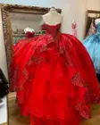 Блестящее красное бальное платье, платья Quinceanera с вышитыми рукавами, милое Тюлевое винтажное кружевное платье с аппликацией, милое праздничное платье 16 дюймов