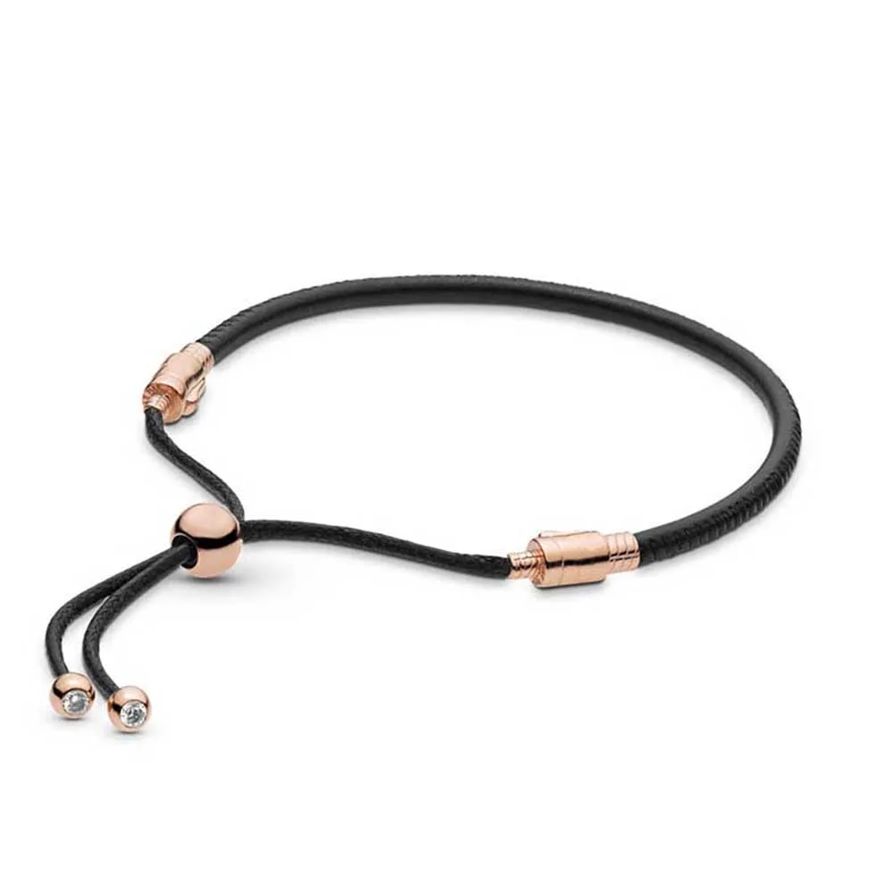 

Rose Bracelet 100% 925 Sterling Silver Black Leather Sliding Bracelet Fit Original Brand Charms Diy Jewelry