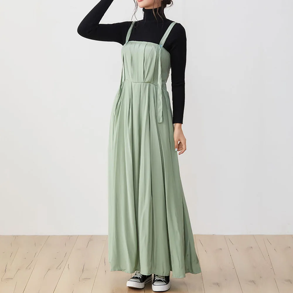 

Japanese Women Long Dress Waist Pleated Maxi Dresses Suspenders Solid Color Wild Suspender Female Sling Dress Pleated Patchwork