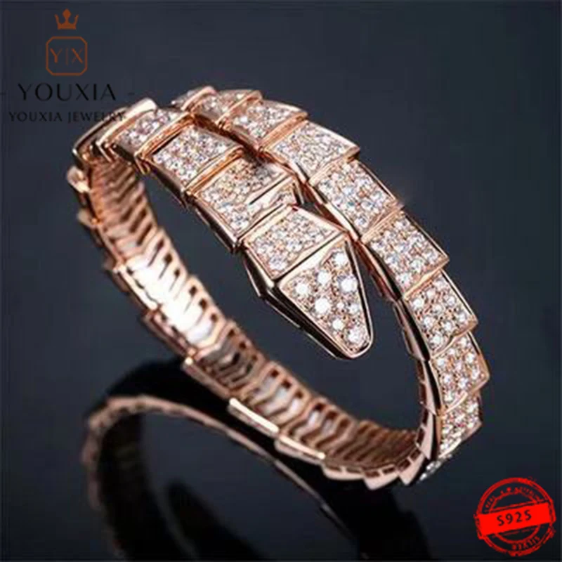 

1:1 925 Sterling Silver Custom Simple Fashion Snake-shaped Diamond Open Bracelet
