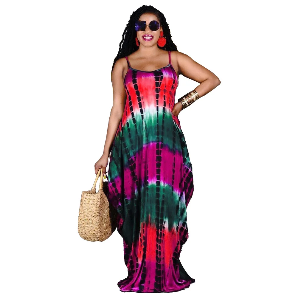 

H8908 Ladies Summer Tie-dye Printed Loose Sling Dress Long Skirt with Pocket