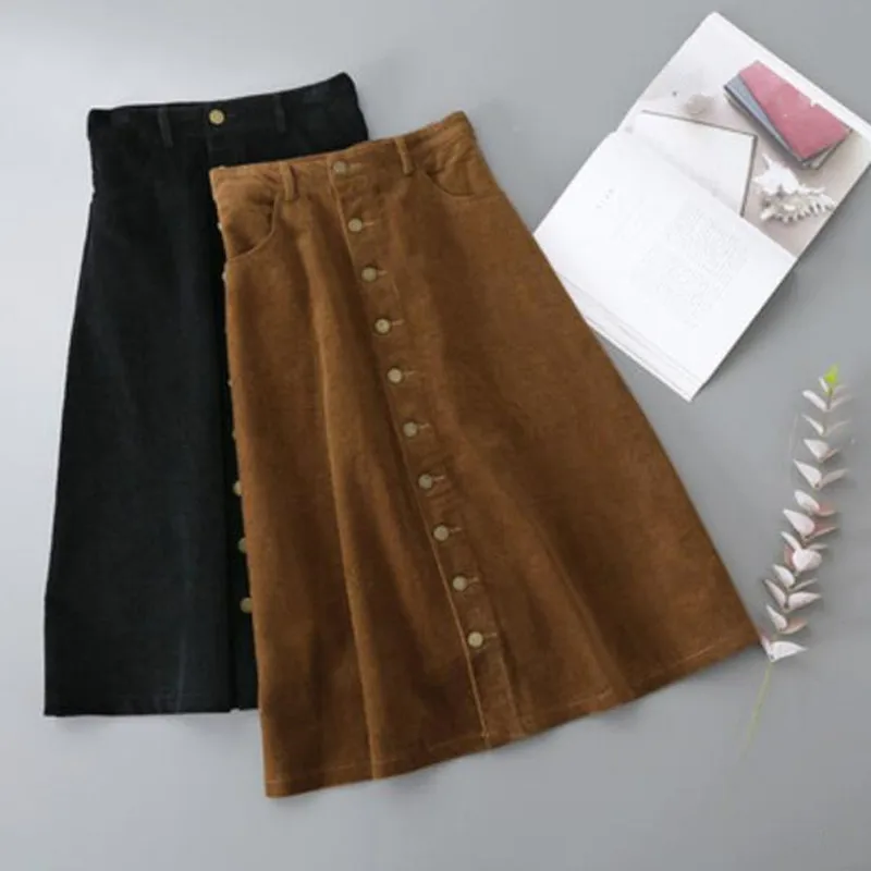 

Вельветовые женские юбки с высокой талией, однотонная винтажная повседневная юбка, женские осенне-зимние облегающие трапециевидные юбки д...