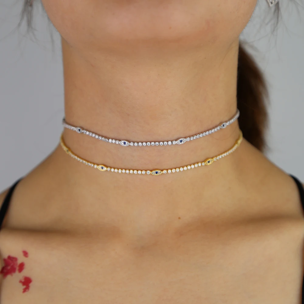 

New arrived fashion tiny eye charm tennis chain necklace with silver color plated ting short choker necklace for wedding