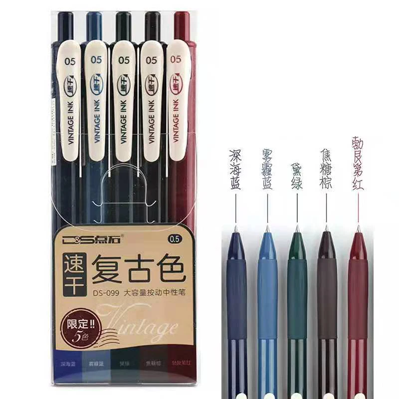 

5pcs/set Cute Retractable Quick-drying Gel Pens Vintage Pen 0.5mm Kawaii Colored Pens Stationery for Kids School Office Supplies