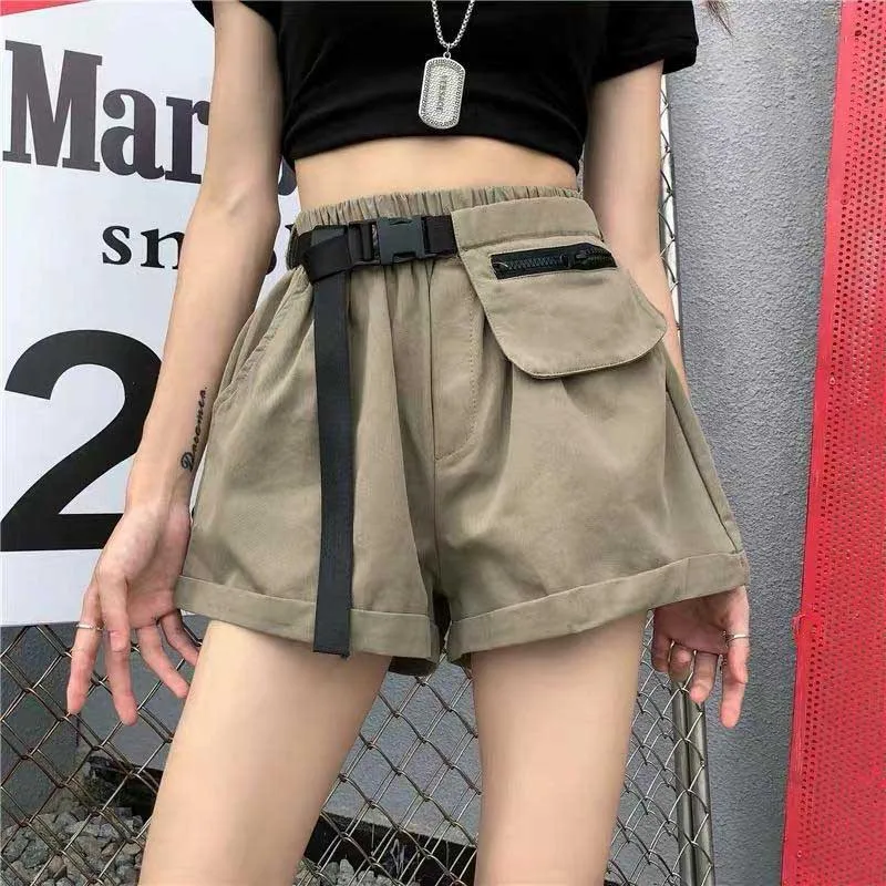 

NiceMix 2020 Women Cargo Shorts Korean Fashion High Waist Mini Shorts with Pocket Buckle Belt Casual Ladies Shorts