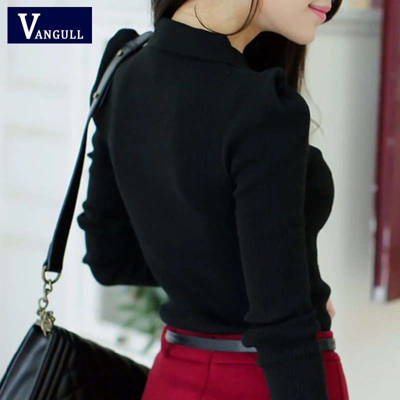 Vangull офисный пуловер тонкий однотонный вязаный отложной воротник женские
