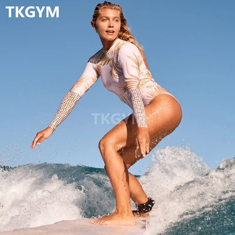 

2022 Swimwear Women Long Sleeve One Piece Sexy Printed Zipper Beach Wear Swimsuit Surfing Suit Diving Suit Rash Guard