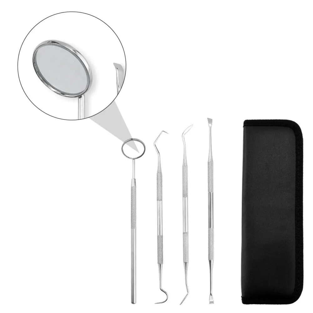 

4pcs 1 Set Stainless Steel Teeth Cleaning Kit Oral Mirror Probe Silver