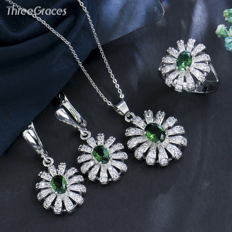 

ThreeGraces Fashion Green Cubic Zirconia Stone Flower Necklace Earring and Ring Set Bridal Wedding Party Jewelry for Women JS500