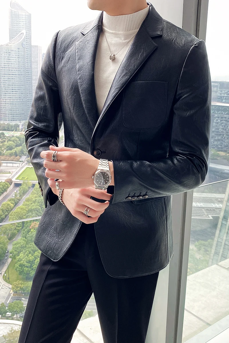 

2020 Men Blazers PU Casual Suit Jacket Wedding Business Blazer Masculino Slim Street Wear Social Leather Coat Terno Masculino