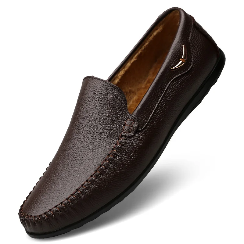 

Мужские зимние плюшевые мокасины из натуральной кожи, повседневная обувь, роскошные Брендовые мужские мокасины, меховые слипоны, черные ту...