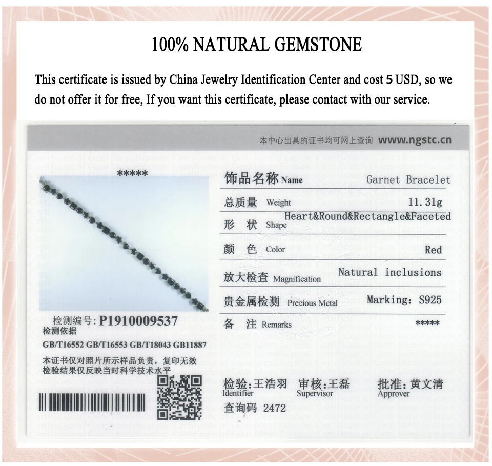 

Hutang Garnet Women's Bracelet Stra Heart Round Shape Natural Red Gemstone 925 Sterling Silver Fine Elegant Jewelry 17cm Long