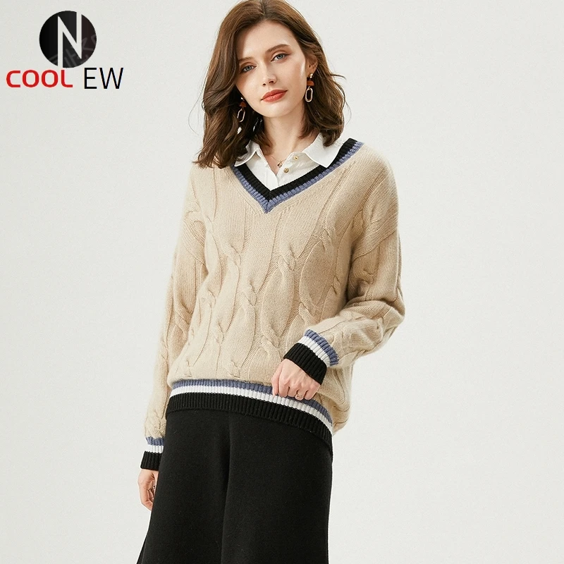 

Autumn and winter new cashmere sweater thickened V-neck spliced cashmere sweater 100% pure cashmere women's loose top