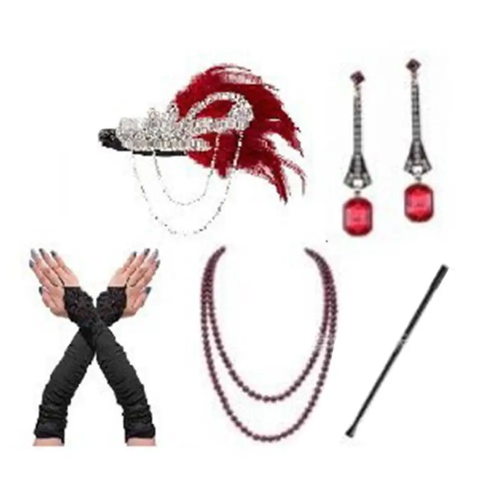 

Women Headgear Necklace Vintage Jewelry Accessories Mesh Sock Gloves Feather Geadbands Necklace Eearing Set Party Costume Kit