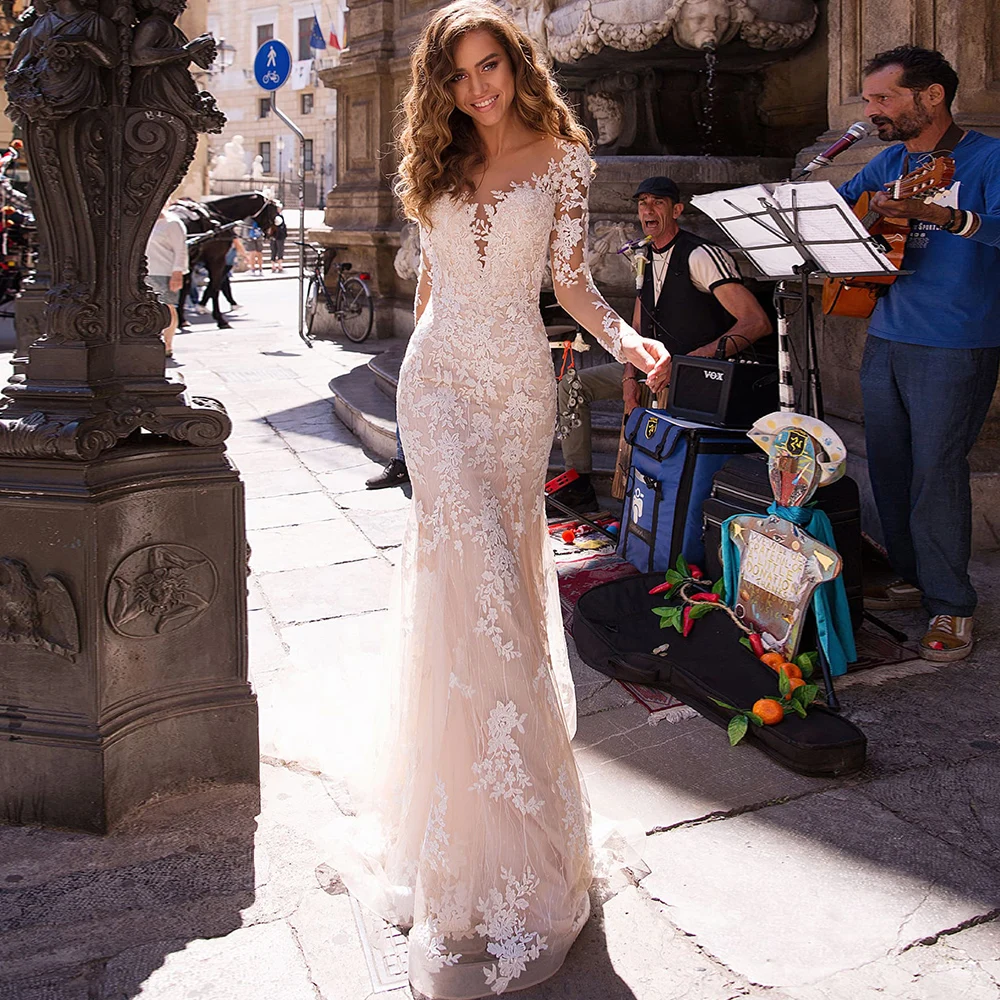 

Boho Wedding Dress Long Sleeve V-Neck for Summer Tulle Appliques Lace Meimaid Button Back Bridal Gowns Customized Robe De Mariée