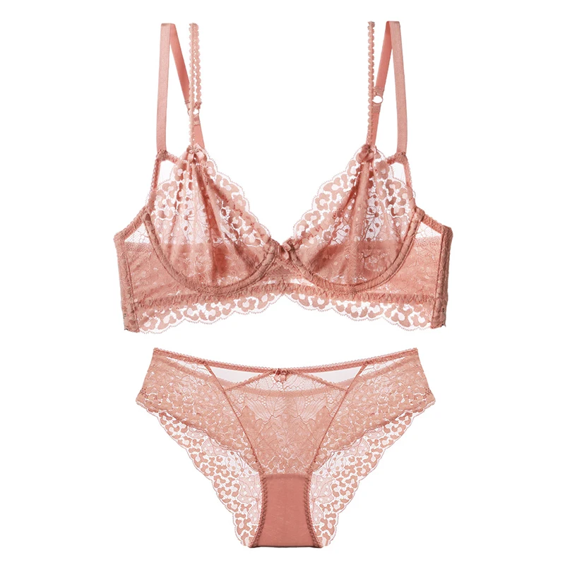

2021 Pink Floral Lace Bra And Panties Sets Women Lingerie Thin No Padded Transparent Underwire Push Up Ladies Sexy Underwear Set