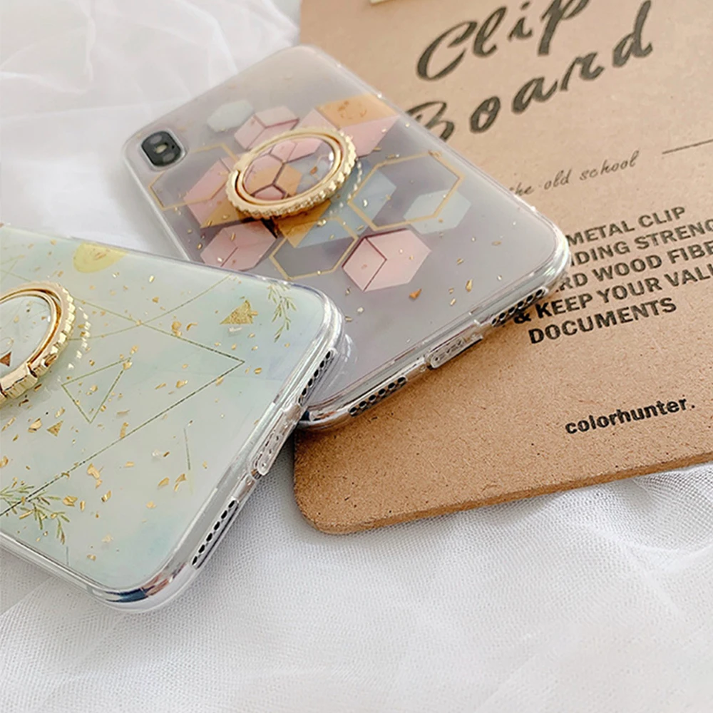 Золотая фольга геометрический чехол с держателем для iPhone 11 Pro мягкий эпоксидный