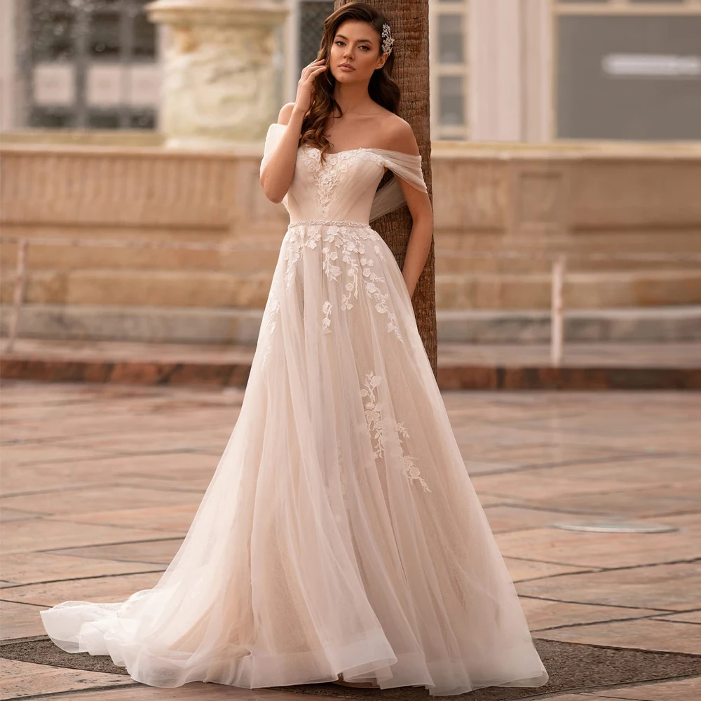 

Vestidos Charming Wedding Dresses Tulle Appliques Sashes Sweetheart Off-Shoulder Covered Button Ball Bridal Gowns