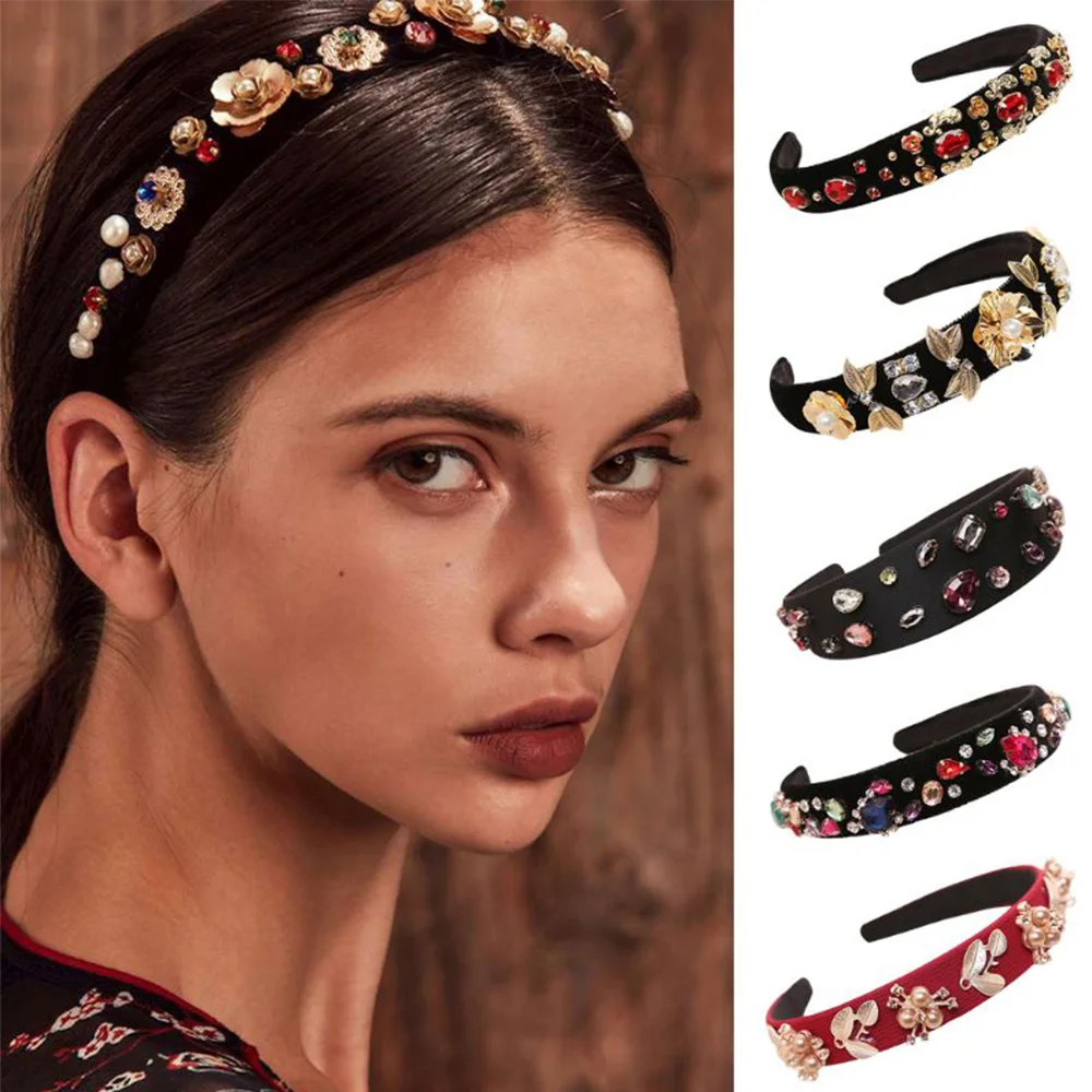 Этнический широкий обруч для волос блестящие стразы имитация жемчуга в форме