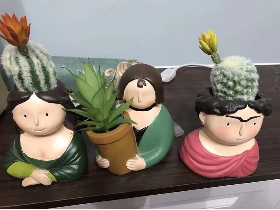 Florero de resina personaje de dibujos animados maceta cara humana florero suculento arreglo повязка на голову sala de estar dormitorio
