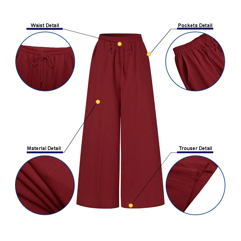 

ZANZEA Women Casual Elastic Waist Loose Palazzo Pants Wide Leg Holiday Vintage Trousers Lace-Up Patchwork Pantalon Plus Size 5XL