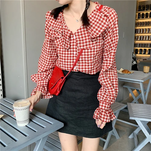 Простой красный белый клетчатый топ с оборками длинными рукавами Универсальная