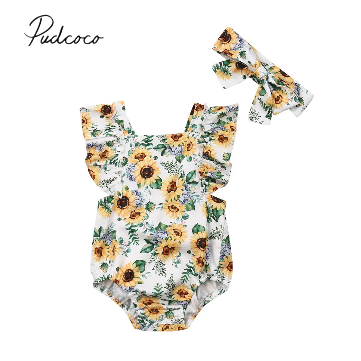 

2020 Baby Summer Clothing 0-24M Infant Baby Girls Sunflower Bodysuits Cotton Ruffles Sleeve Yellow Jumpsuit Headband Outfits