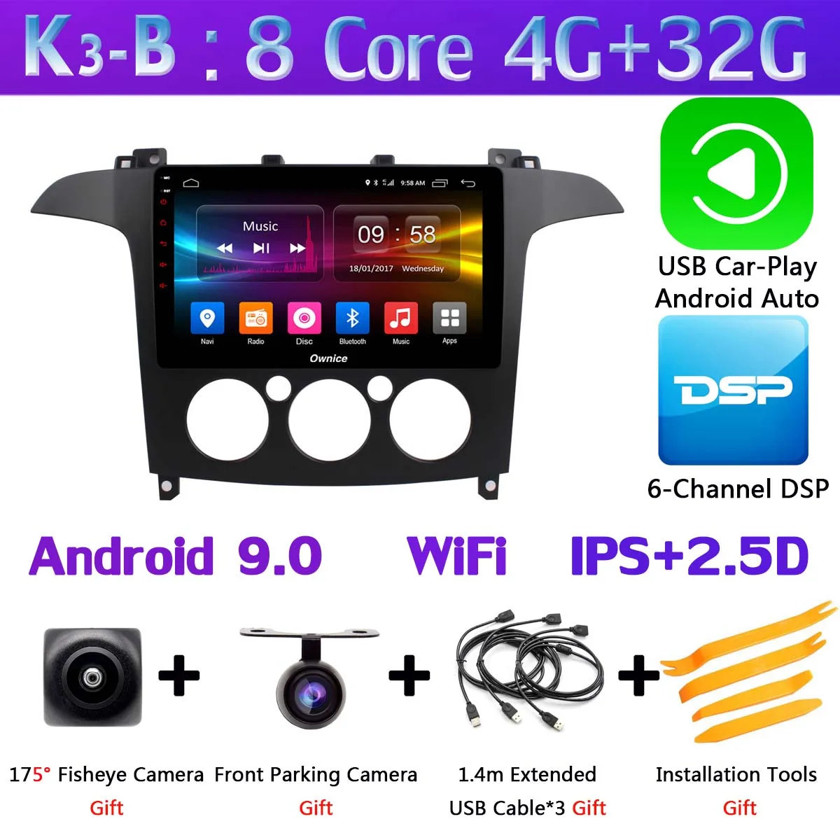 K3-B-CarPlay 360 ° камера 4G SIM Android 9,0 4G+ 64G gps Navi Радио CarPlay SPDIF DSP Автомобильный плеер стерео для Ford S-Max S Max 2007-2008 AT/MT - Цвет: K3-B-CarPlay