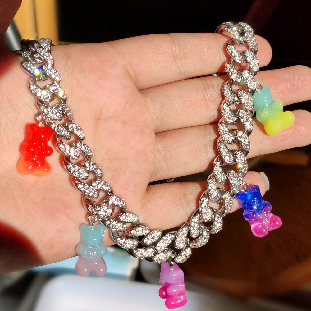 

Rainbow Gummy Bear Shiny Crystal Choker Necklace For Women Silver Color Bling Rhinestone Cuban Link Necklace Statement Jewelry