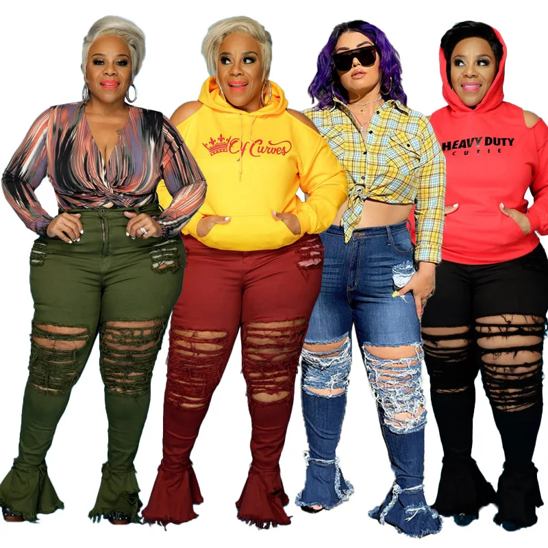 

Plus Size 5xl Causal Women Ripped Hollow Out Flare Pants High Streetwear Bodycon Jeans Pants Winter Clothes For Women Outfit