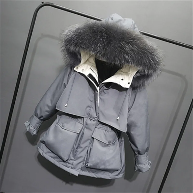 Campera pluma mujer, пуховик на утином пуху, женская зимняя теплая куртка с натуральным меховым воротником и капюшоном, негабаритный пуховик, пуховая куртка, D469
