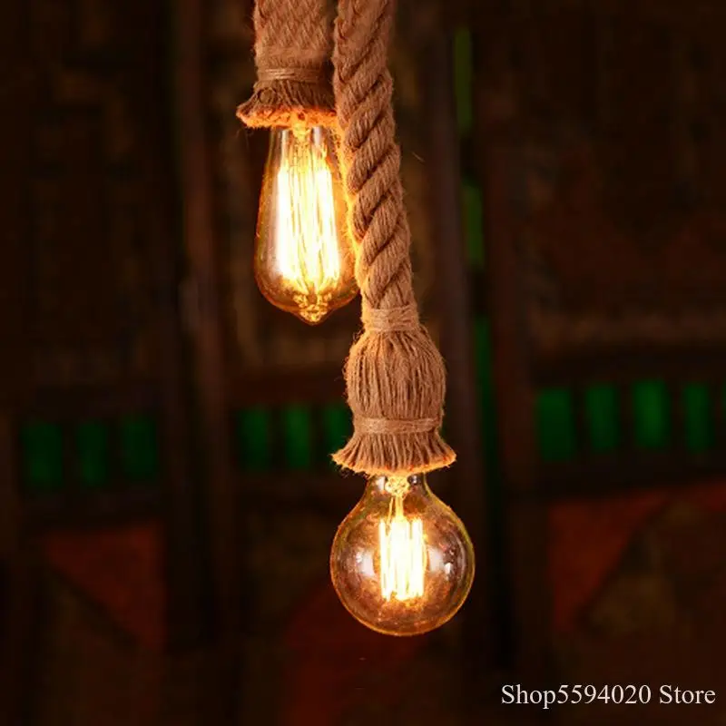 Винтажный подвесной ретро светильник в стиле лофт из пеньковой веревки