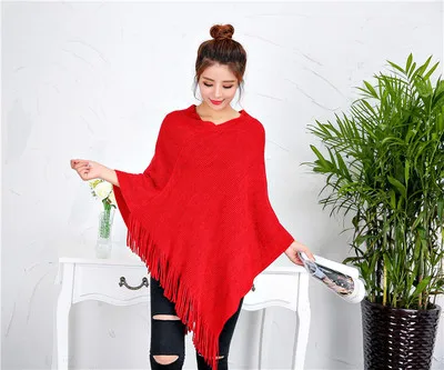 red poncho Свободные трикотажные кашемир кисточкой Пончо Для женщин хаки цвета красный, серый твил Плащ корейский стиль шаль Cachecol пончо Feminino Inverno - Цвет: red poncho