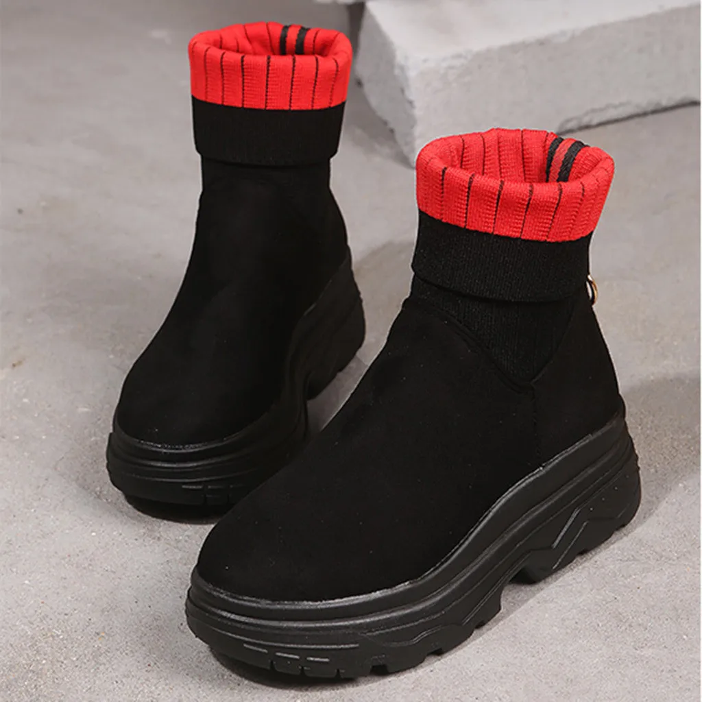 Женские ботинки без шнуровки черные повседневные из флока на платформе и низком