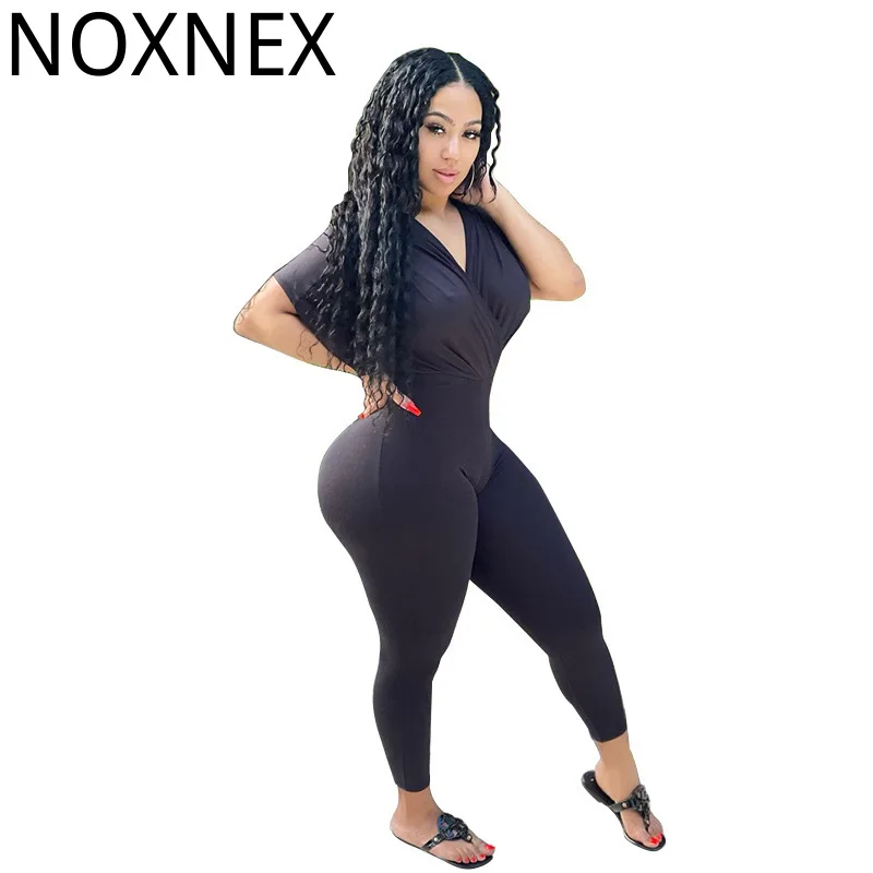 

Женский комбинезон NOXNEX, повседневный комбинезон с коротким рукавом и V-образным вырезом, однотонные сексуальные простые комбинезоны