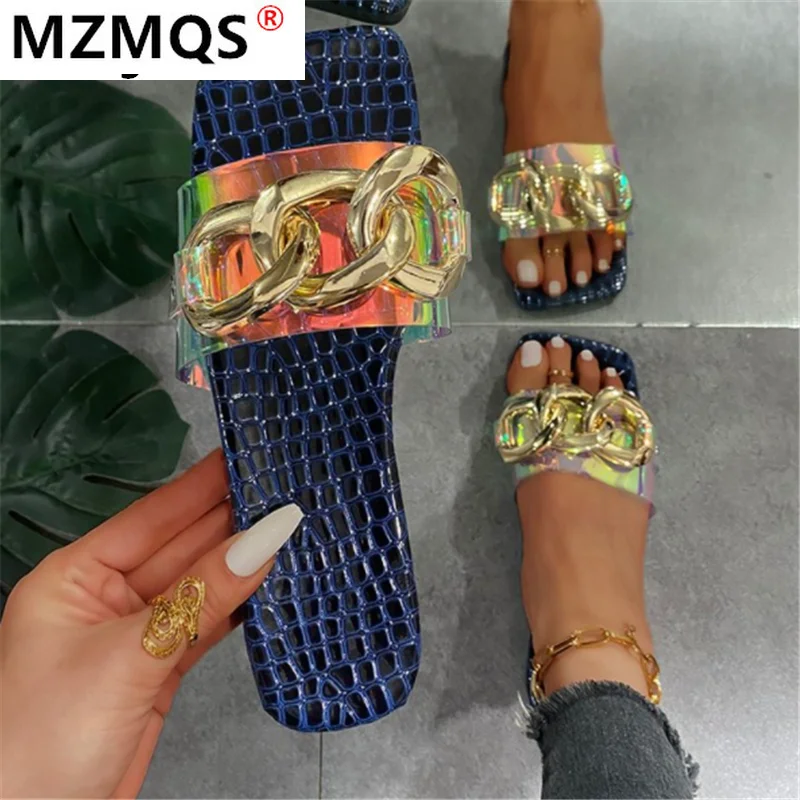 

2021 Summer Casual Sandals Outdoor Beach Square Head Open Toe Flat Slippers Fashion Transparent Pu Leather Light Women's Shoes