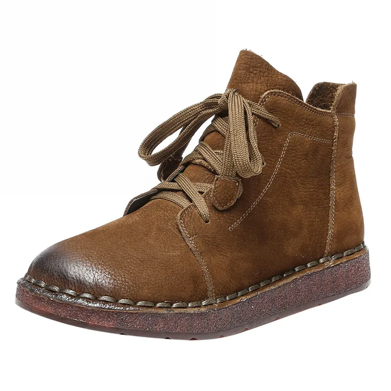 

2020 Retro Handmade Women's Genuine Leather Shoes Women Ankle Boots Female Autumn Shoes Zip Flat With Fur