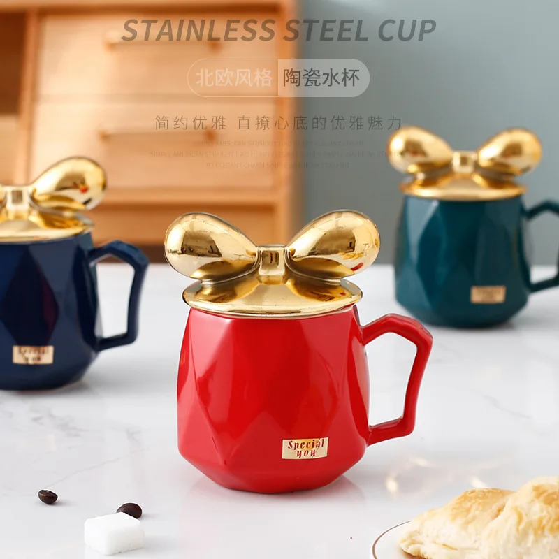 

Кофейная чашка с бантом 400 мл, керамическая кружка с крышкой, домашняя и офисная чайная чашка, чашка для завтрака, Кофейная пара, персонализи...