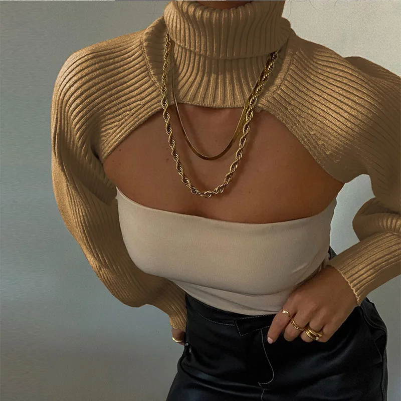 

Solid Lantern Sleeve Cotton Sexy Women's Turtleneck 2022 Autumn Winter Fashion Front Back Cutout Warm Sweaters For Women