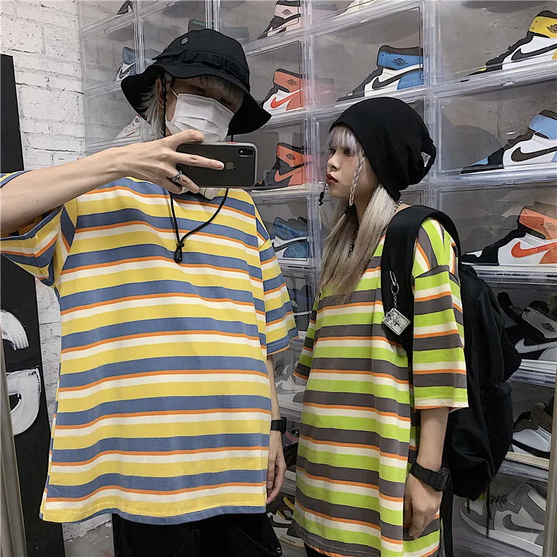 

O-Neck Contrast Color Striped Plus Size T-Shirt Woman Casual Short-Sleeved T-Shirt Women Korean Fashion Loose Couple Tees Woman