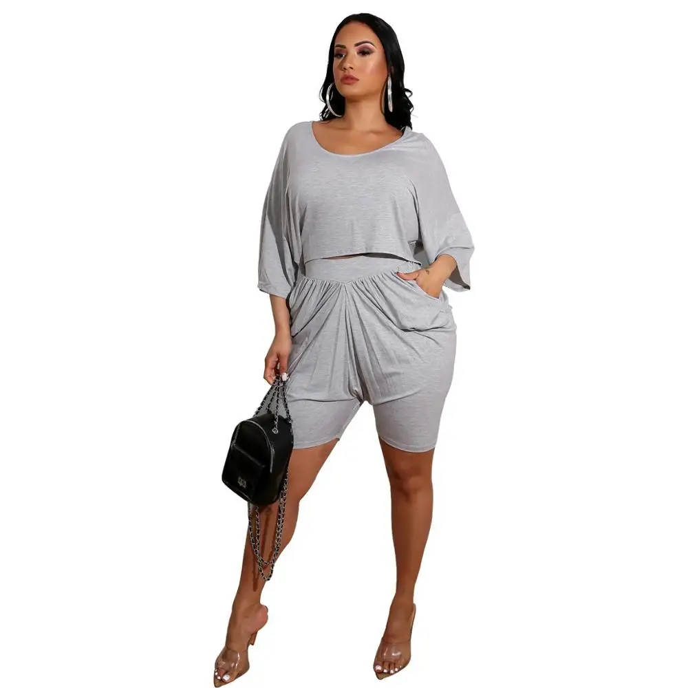 

two piece set women outfit solid color half sleeve oversize top t-shirts + skinny biker shorts chic suit casual streetwear