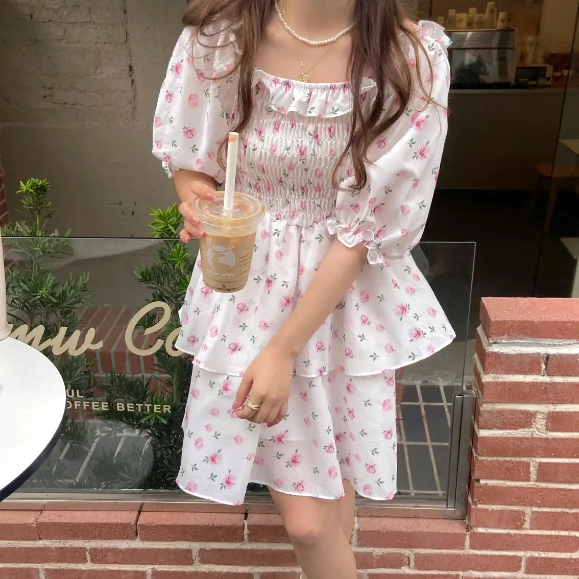 

Милое розовое летнее мини-платье с цветочным принтом, корейский стиль, квадратный воротник, пышные рукава, французское романтическое милое ...